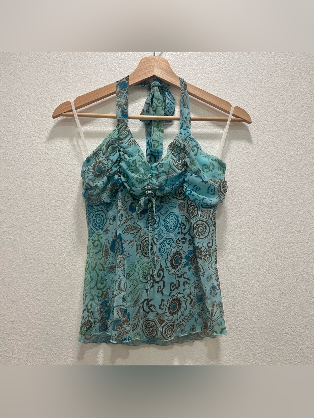 Judy Knapp Vintage Paisley Teal Halter Top Sheer Small Y2K Fairy Grunge Whimsy